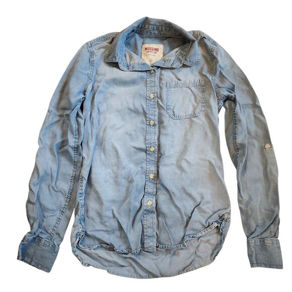 Mossimo Womens Chambray Top Size S Blue Button Down Roll Tab Sleeve - Picture 4 of 11